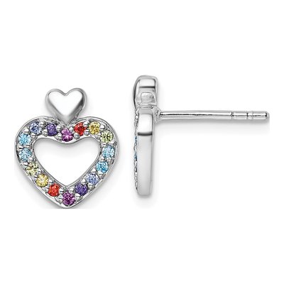 Sterling Silver CZ Rainbow Double Heart Stud Earrings
