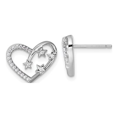 Sterling Silver CZ Open Heart Star Stud Earrings