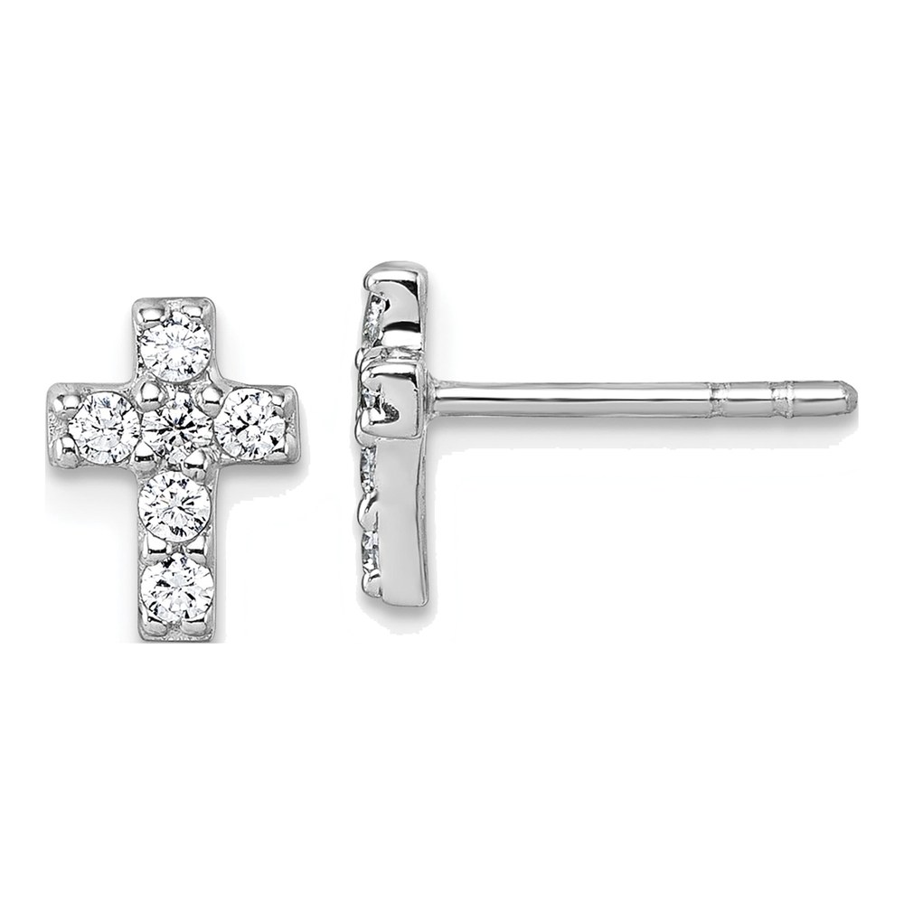 Sterling Silver Rhodium-Plated Polished White Cz Cross Post Earrings