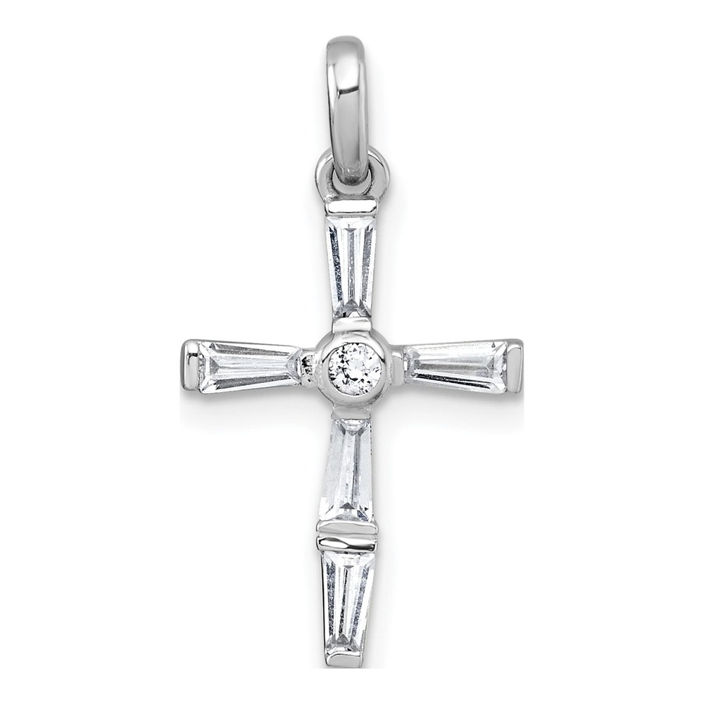 Sterling Silver Rhodium-Plated Polished White Baguette Cz Cross Pendant