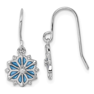 Sterling Silver CZ Enamel Snowflake Dangle Earrings