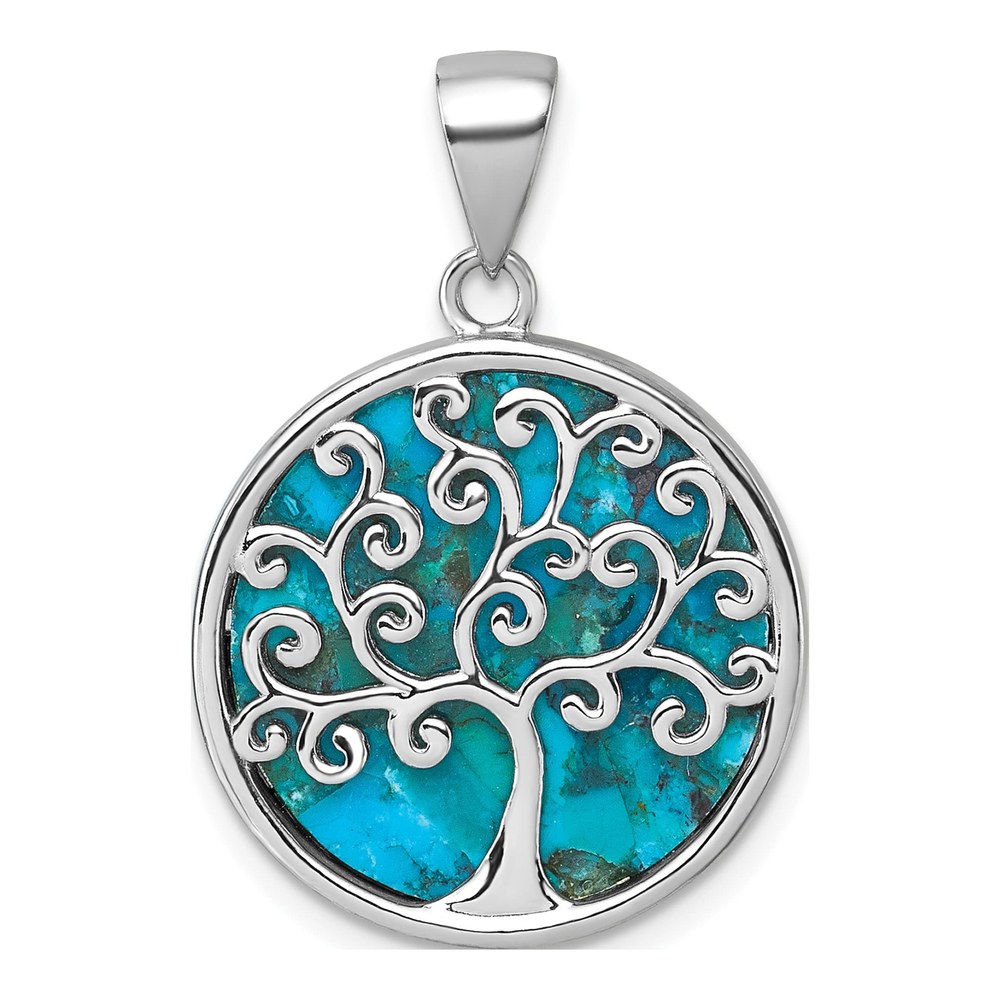 Sterling Silver Rhodium-Plated Polished Compressed Turquoise Tree Of Life Pendant