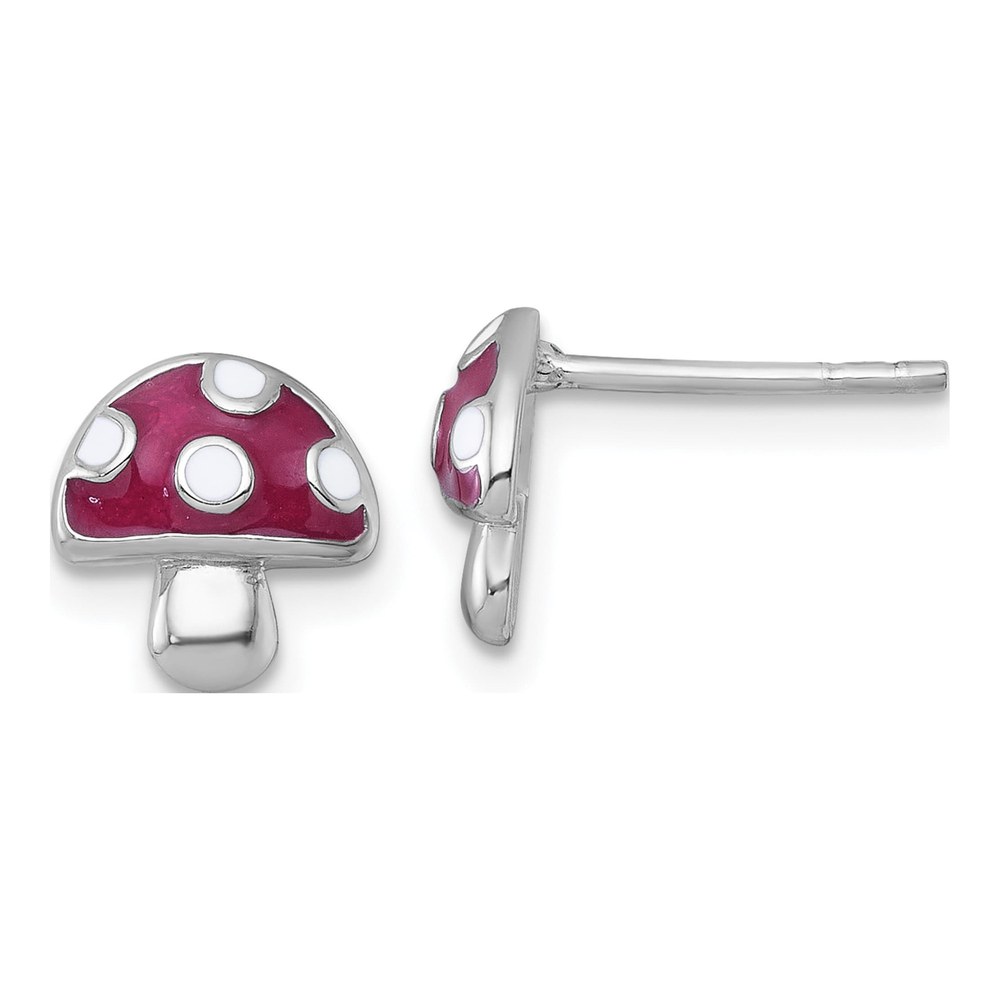 Sterling Silver Rhodium-Plated Polished Red And White Enameled Mushroom Post Earrings