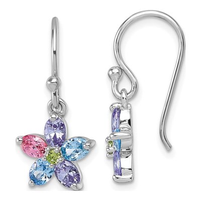 Sterling Silver CZ Multi-Color Flower Dangle Earrings