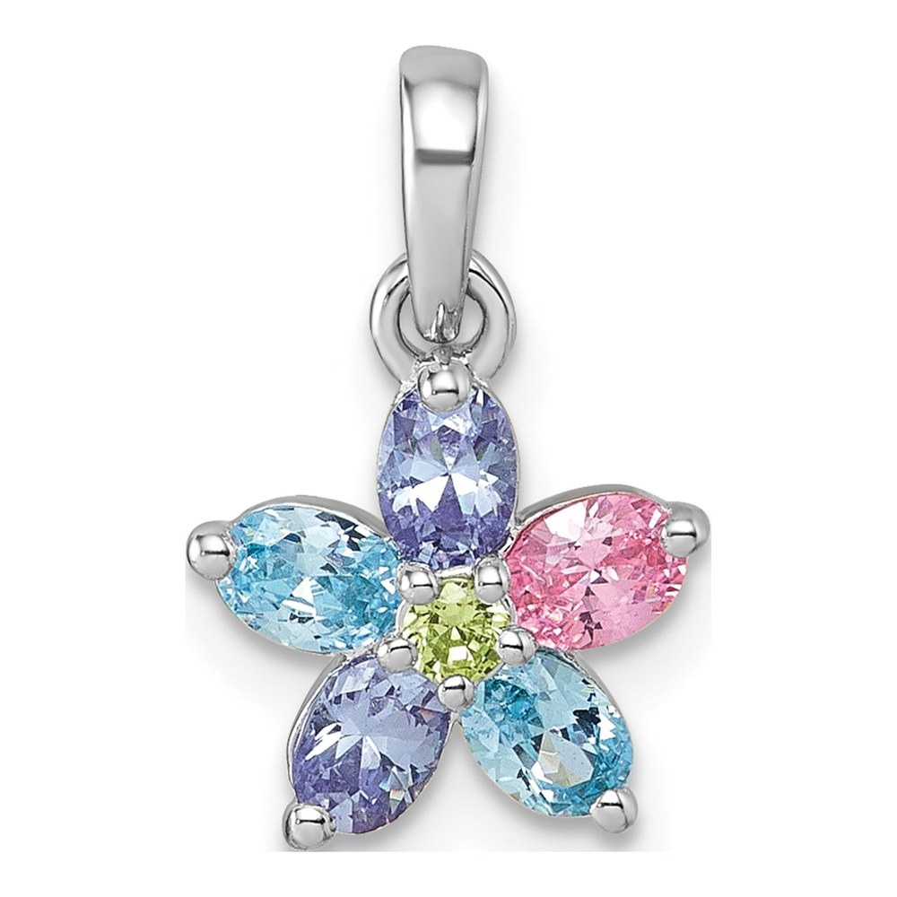 Sterling Silver Rhodium-Plated Polished Purple, Pink, Blue And Green Cz Flower Pendant