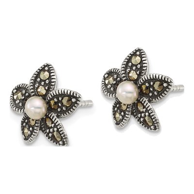 Sterling Silver 3.4mm Button Freshwater Cultured Pearl Marcasite Flower Stud Earrings – view 2