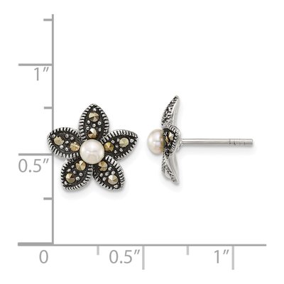 Sterling Silver 3.4mm Button Freshwater Cultured Pearl Marcasite Flower Stud Earrings – view 3
