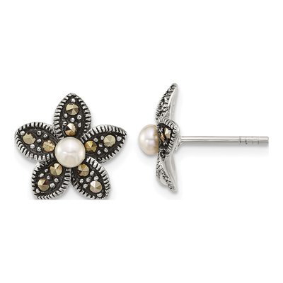 Sterling Silver 3.4mm Button Freshwater Cultured Pearl Marcasite Flower Stud Earrings
