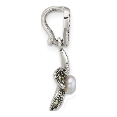 Sterling Silver Freshwater Cultured Pearl Marcasite Flower Pendant – view 2