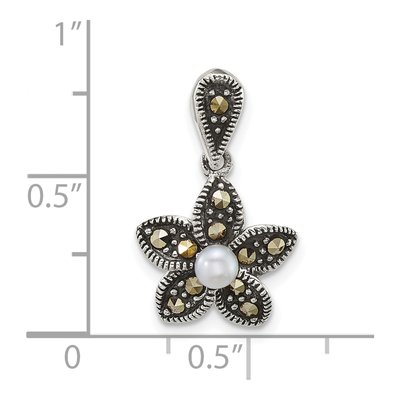 Sterling Silver Freshwater Cultured Pearl Marcasite Flower Pendant – view 4