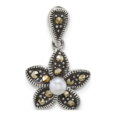 Sterling Silver Freshwater Cultured Pearl Marcasite Flower Pendant