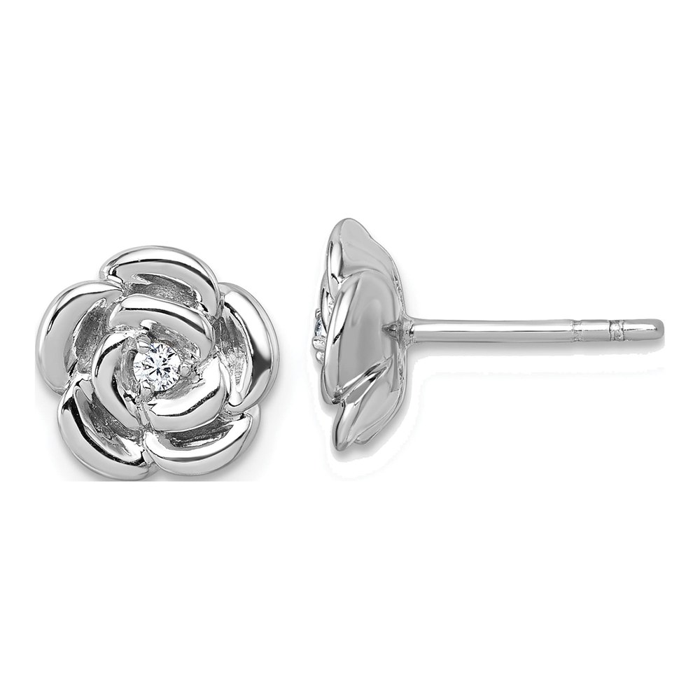 Sterling Silver Rhodium-Plated Polished White Cz Flower Post Earrings