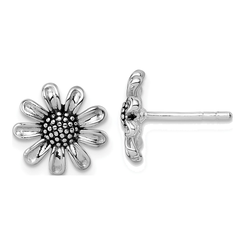 Sterling Silver Rhodium-Plated Antiqued Sunflower Post Earrings