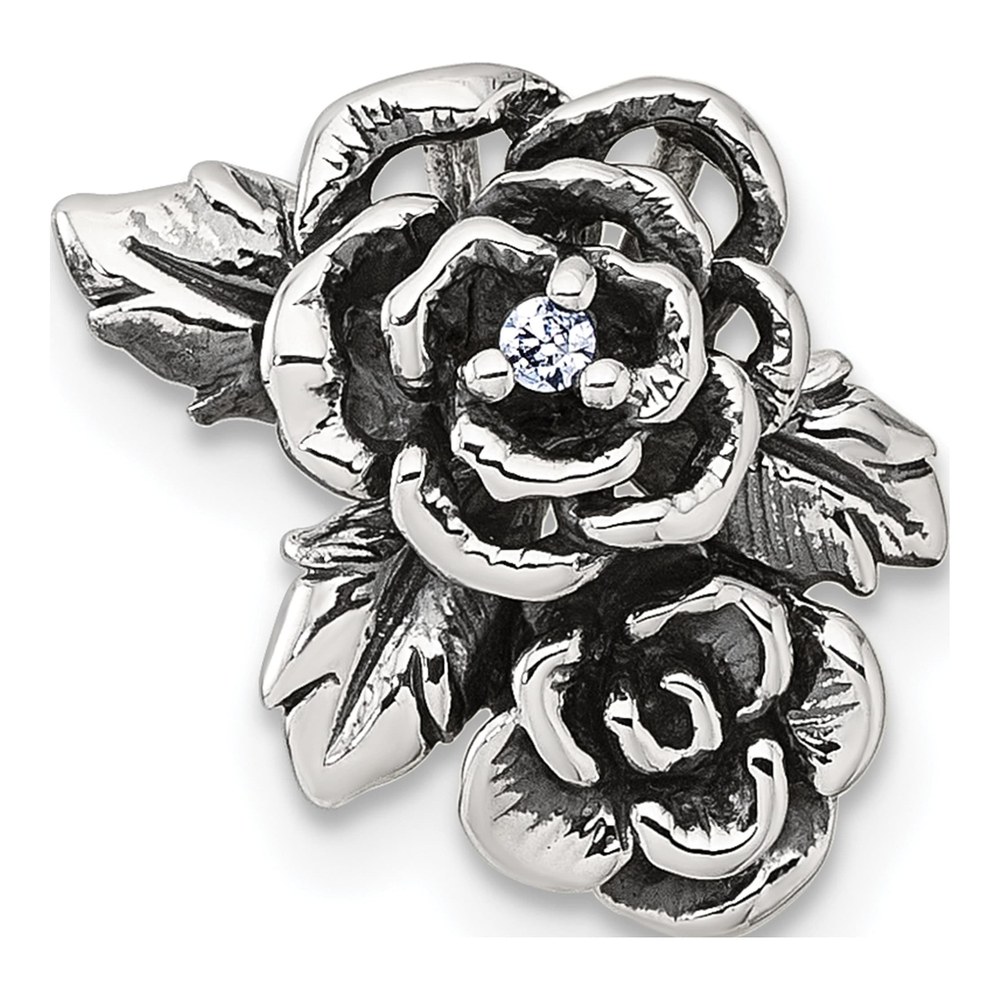 Sterling Silver Antiqued Polished Cz Flowers Chain Slide Pendant