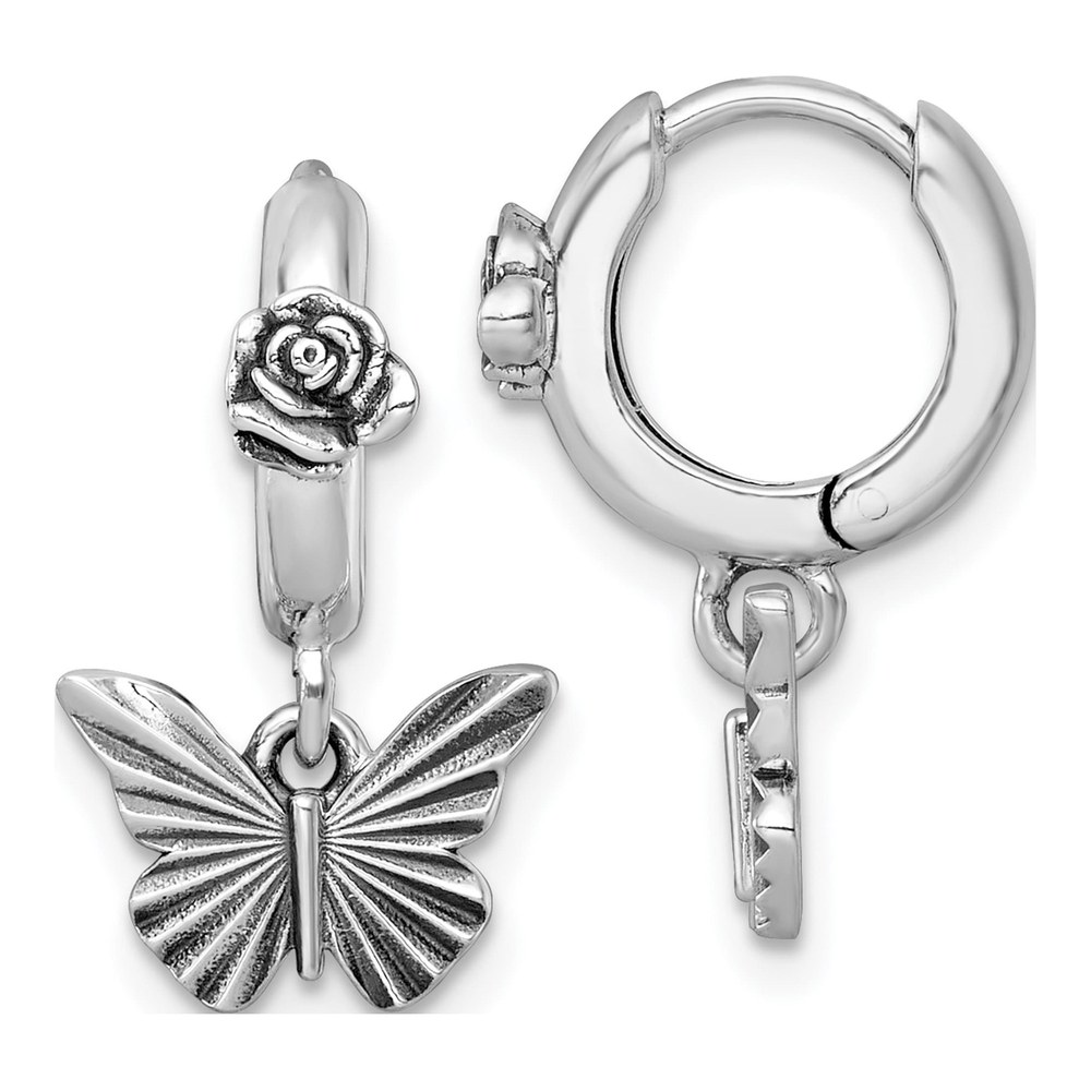 Sterling Silver Antiqued Textured Butterfly Dangle With Flower Hinged Hoop Earrings