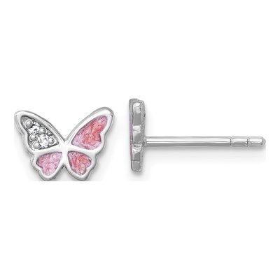 Sterling Silver CZ Enamel Butterfly Stud Earrings
