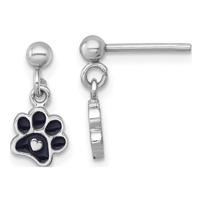 Sterling Silver Paw Print Heart Enamel Dangle Earrings