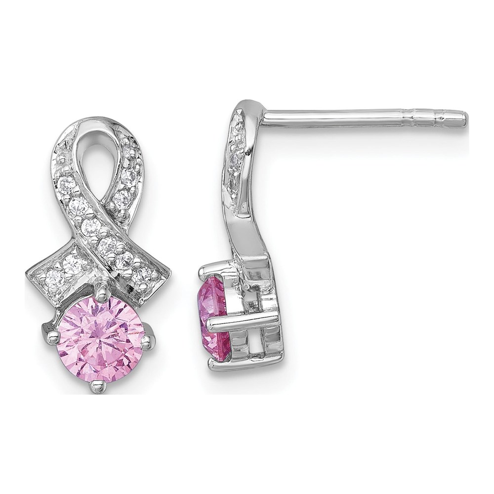 Sterling Silver Rhodium-Plated Polished Round Pink And White Cz Awareness Ribbon Post Earrings