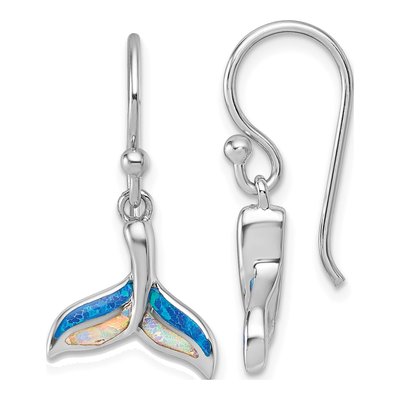 Sterling Silver Lab-Created Opal Whale Tail Dangle Earrings