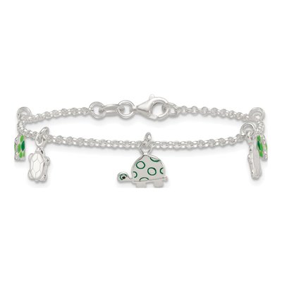 Sterling Silver Kids' Green Enamel Turtle Bracelet – view 4