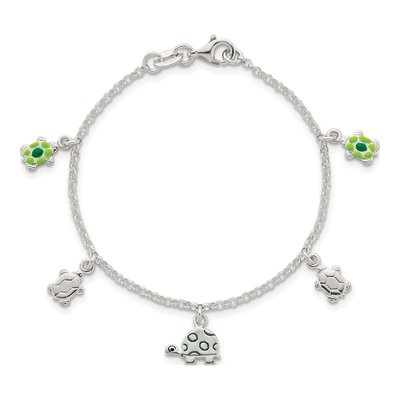 Sterling Silver Kids' Green Enamel Turtle Bracelet – view 5