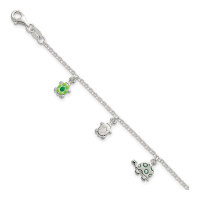 Sterling Silver Kids' Green Enamel Turtle Bracelet