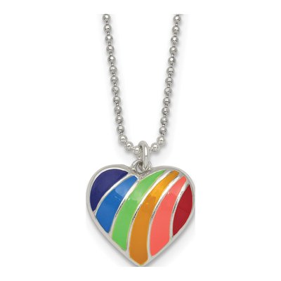 Sterling Silver Girls' Rainbow Enamel Heart Pendant Necklace
