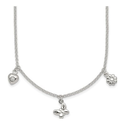 Sterling Silver CZ Girls' Heart Flower Butterfly Pendant Necklace