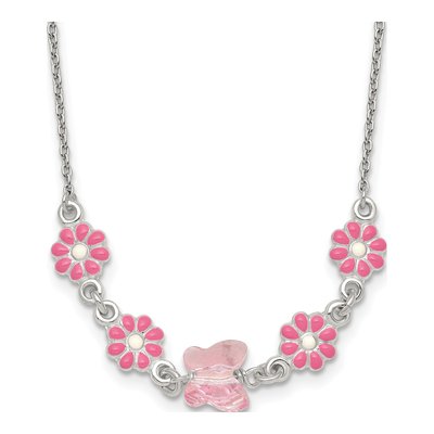 Sterling Silver Girls' Pink Enamel Flower Pendant Necklace