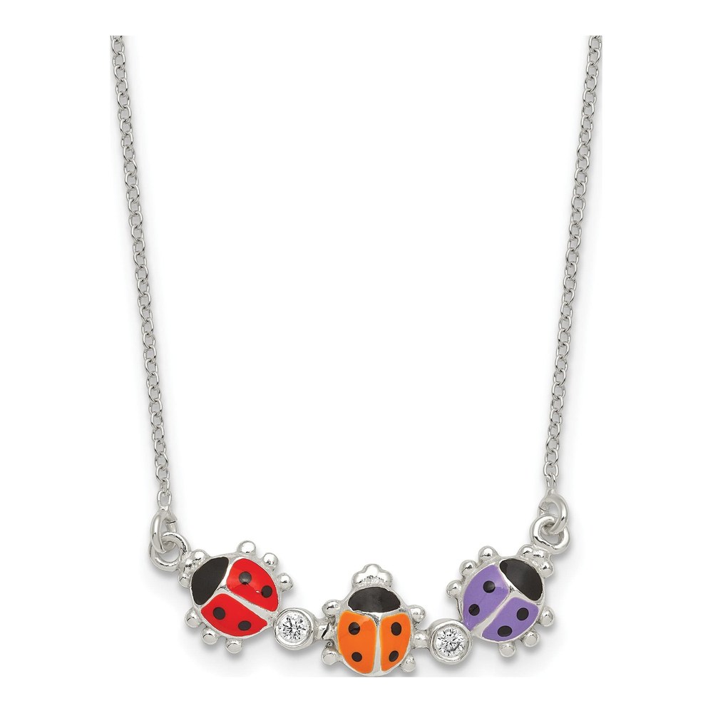 Sterling Silver Polished White Cz With Red/orange/purple Enameled Multicolor Ladybugs Childrens 14 Inch Necklace with Spring Ring Clasp