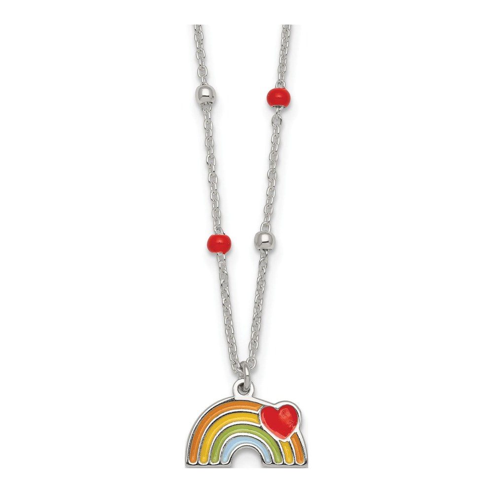 Sterling Silver Polished Beaded Enameled Heart On Rainbow Childrens 14 Inch Necklace with Spring Ring Clasp
