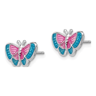 Sterling Silver Girls' Pink Blue Enamel Butterfly Stud Earrings – view 3