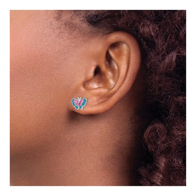 Sterling Silver Girls' Pink Blue Enamel Butterfly Stud Earrings – view 4
