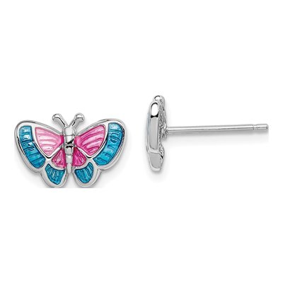 Sterling Silver Girls' Pink Blue Enamel Butterfly Stud Earrings