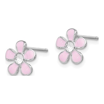 Sterling Silver Round Crystal Girls' Enamel Flower Stud Earrings – view 3
