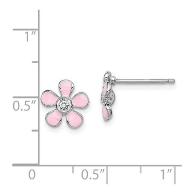 Sterling Silver Round Crystal Girls' Enamel Flower Stud Earrings – view 5