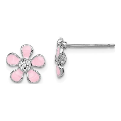 Sterling Silver Round Crystal Girls' Enamel Flower Stud Earrings