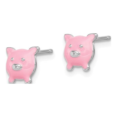 Sterling Silver Girls' Pink Enamel Pig Stud Earrings – view 3