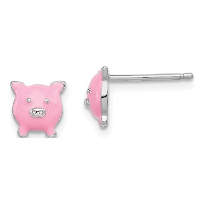 Sterling Silver Girls' Pink Enamel Pig Stud Earrings