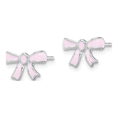 Sterling Silver Girls' Pink Enamel Bow Stud Earrings – view 3