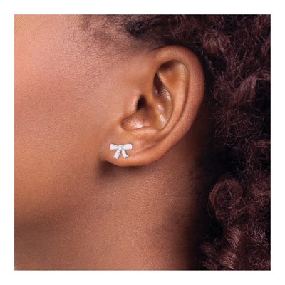 Sterling Silver Girls' Pink Enamel Bow Stud Earrings – view 4