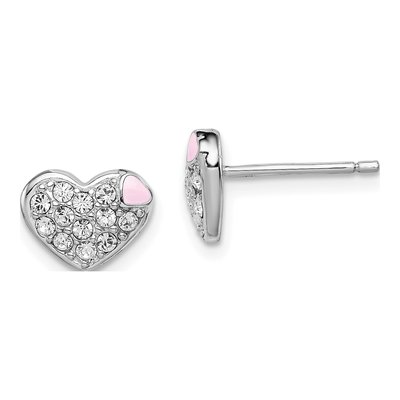 Sterling Silver Round Crystal Girls' Heart Stud Earrings