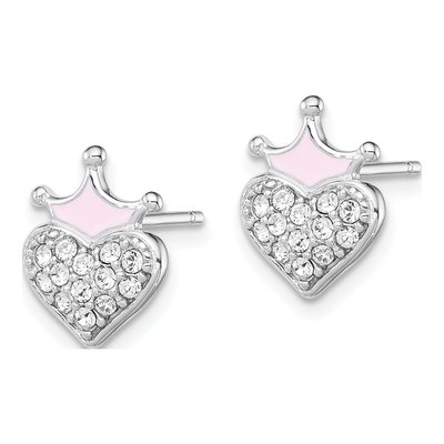 Sterling Silver Round Crystal Girls' Crown Heart Stud Earrings – view 3