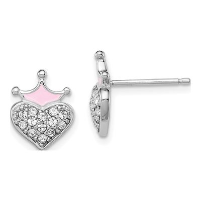 Sterling Silver Round Crystal Girls' Crown Heart Stud Earrings