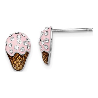 Sterling Silver Round Crystal Girls' Enamel Ice Cream Stud Earrings