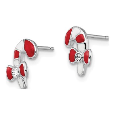 Sterling Silver Round Crystal Girls' Candy Cane Stud Earrings – view 3