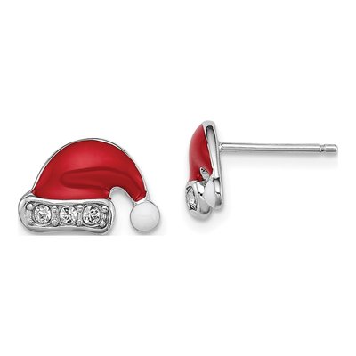 Sterling Silver Round Crystal Girls' Santa Hat Stud Earrings