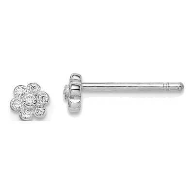 Sterling Silver Round CZ Girls' Flower Stud Earrings