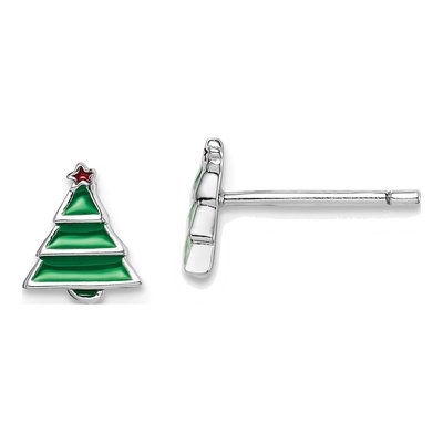 Sterling Silver Enamel Christmas Tree Stud Earrings