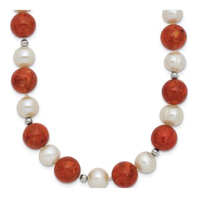 Sterling Silver Freshwater Cultured Pearl Coral Beaded Necklace